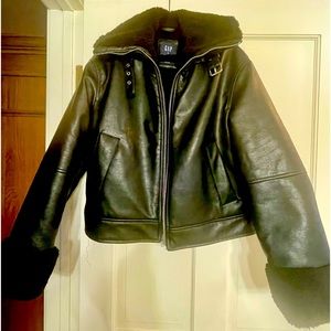 Faux Leather & Sherpa Jacket NEW w/sherpa cuffed sleeves & collar